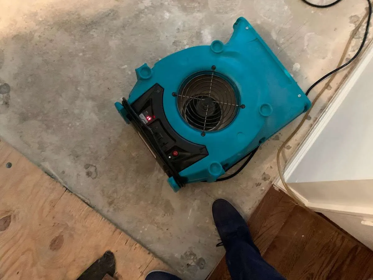 Air mover drying subfloor during Leak Detection & Repair in East Pasadena